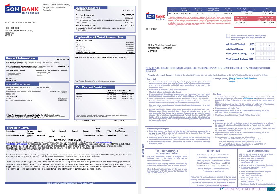 Download Somali Sombank mortgage statement in Word and PDF formats 1 2 Photoshop template